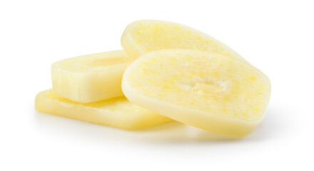 Garlic clove isolated. Peeled chopped garlic cloves on white background. White garlic cloves slice with clipping path. Full depth of field.