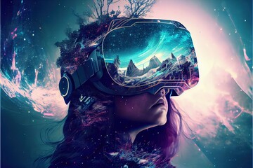vr headset, woman, metaverse, virtual reality, digital art, futuristic, virtual world 