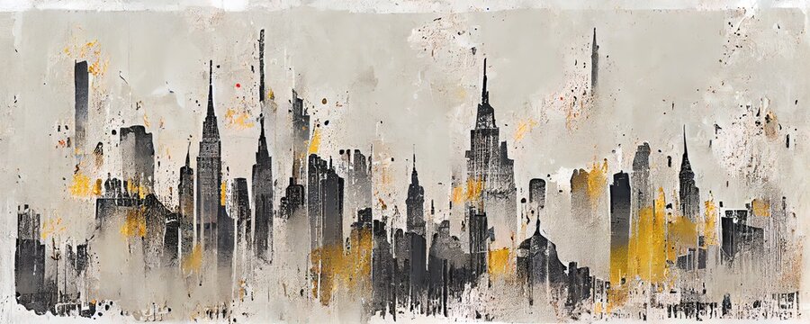 Cityscape on a grungy concrete wall texture with scratched paint.