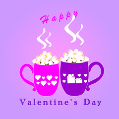 Happy Valentine's Day cups cocoa coffee marshmallow hearts present gift pink violet