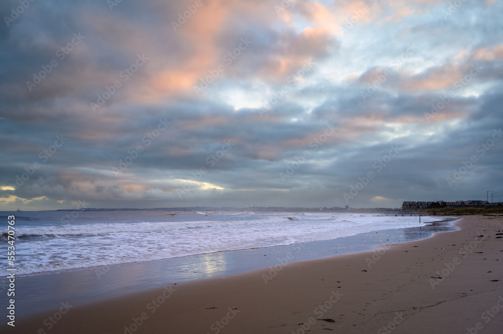 Wall mural Blyth South Beach at Sunset, near the Harbour which lies about 7 miles north of Tynemouth and has had a very commercial recent past. It sits on the east coast of Northumberland in England