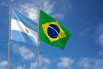 Argentina and Federative Republic of Brazil Flags Over Blue Sky Background. 3D Illustration