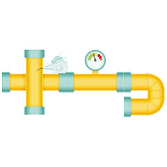 Broken pipes with a leak of steam or lead gas, rupture of the pipeline. Dripping faucet, problems with water supply, broken pipes. Wind illustration isolated on white background.