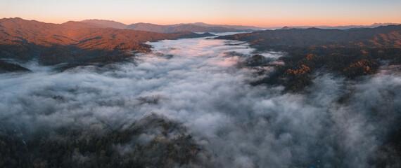 Mountains and fog in the morning, high angle view