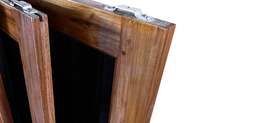 teak wood sliding window panes brown color vintage handcraft. isolate on white background.