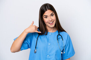 Young Brazilian nurse woman isolated on white background making phone gesture. Call me back sign