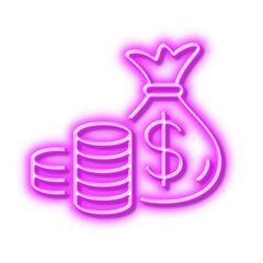 Coins bag line icon. Cash money sign. Neon light effect outline icon.