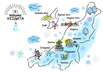 冬の新潟県の観光地のシンプル線画イラストマップ