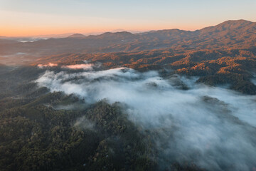 Mountains and fog in the morning, high angle view