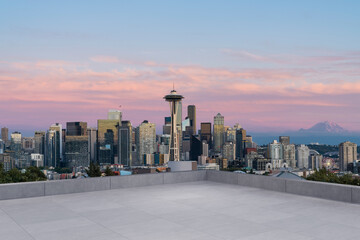 Skyscrapers Cityscape Downtown, Seattle Skyline Buildings. Beautiful Real Estate. Sunset. Empty...