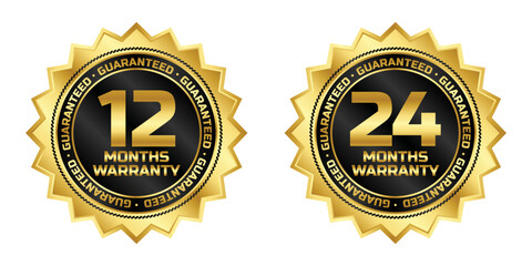 12 and 24 months warranty guaranteed badge logo vector with black and gold color for product label