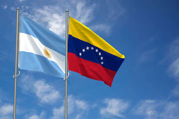 Argentina and Bolivarian Republic of Venezuela Flags Over Blue Sky Background. 3D Illustration