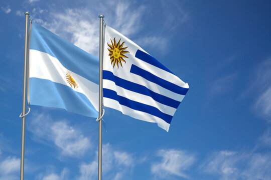 Argentina and Oriental Republic of Uruguay Flags Over Blue Sky Background. 3D Illustration