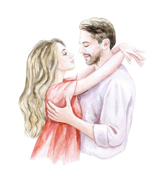 girl and boy hugging, Young couple in love, a guy and a girl of European race. Valentine's day concept. Watercolor