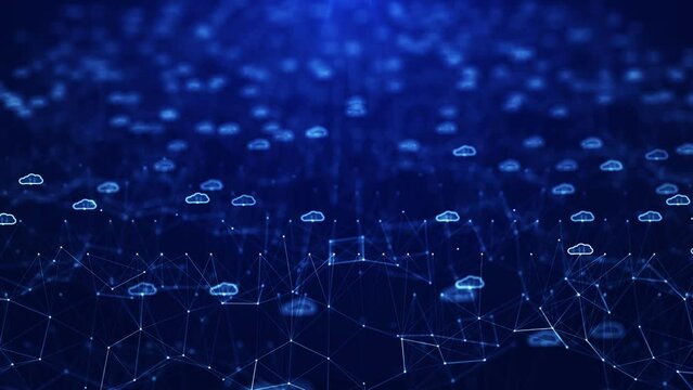 Cloud computing technology concept for transfer data to storage system. White cloud icon over polygon on dark blue background.