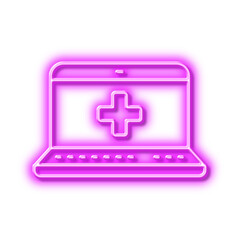 Obraz premium Medicine laptop line icon. Online medical help sign. Neon light effect outline icon.