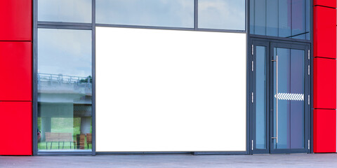 local department store with white advertisement banner mockup near entrance on panoramic windows between red walls