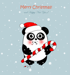 PrintCute cartoon Christmas panda in Santa hat  eats Christmas candy, and wish you a Merry Christmas. Funny character for your cards, poster design.