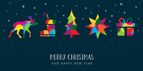 Fototapeta na wymiar Christmas tree, Star, Reindeer and gift Vector illustration concept on dark background
