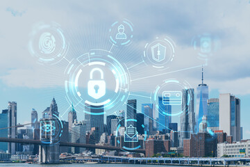 Brooklyn bridge with New York City Manhattan, financial downtown skyline panorama at day time over East River. The concept of cyber security to protect confidential information, padlock hologram - obrazy, fototapety, plakaty