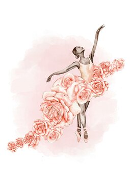 Hand drawn watercolor card template dancing ballerina with flower and lace. Pink pretty ballerina. Watercolor hand drawn illustration. Pictures for poster, invitation, postcard, background and posters
