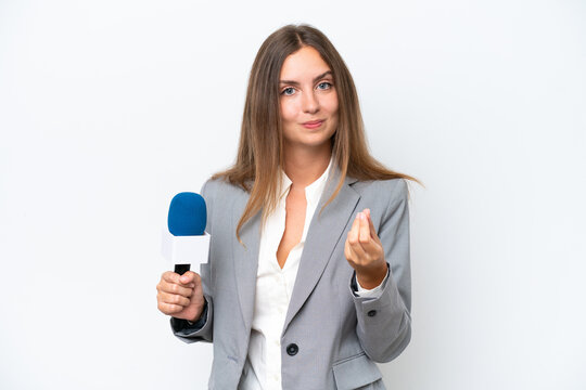 Young TV presenter caucasian woman isolated on white background making money gesture