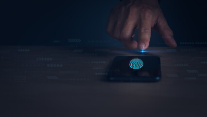 User is scanning fingerprint on smartphone to verify your identity. Login or database, cyber security concept, authentication encryption to access personal data securely