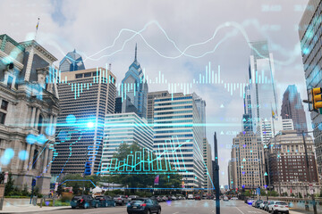 Fototapeta na wymiar Summer day time cityscape of Philadelphia financial downtown, Pennsylvania, USA. City Hall. Glowing forex candlesticks and bar graph hologram. The concept of internet trading, brokerage and analysis