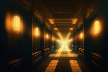Luminous ceiling lights illuminate a dim corridor. Generative AI