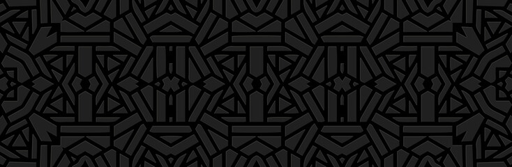 Banner, cover design. Embossed geometric 3d pattern on a black background, paper press, doodle and zentangle fashion technique. Tribal ethnic motifs, unique exotic ornaments in boho style.