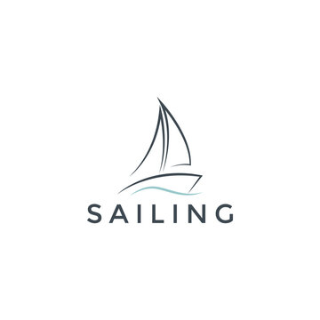 Simple sailboat sailing ship in Sea Ocean Wave, Simple sailboat vector logo design template
