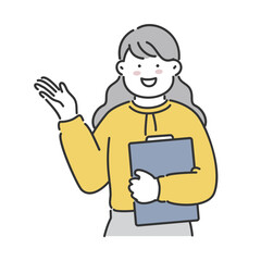 ファイルを持って笑顔で案内をする女性会社員