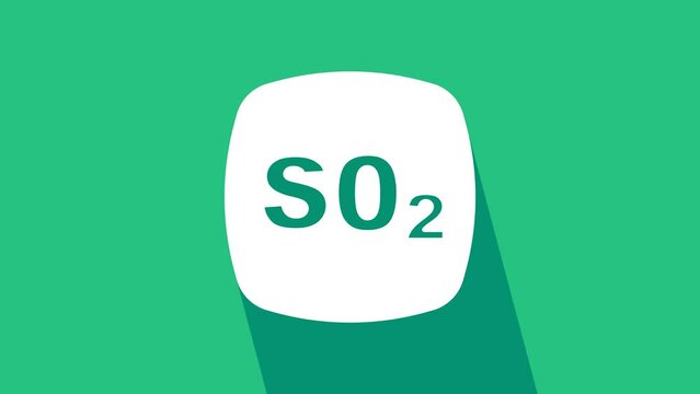 White Sulfur dioxide SO2 gas molecule icon isolated on green background. Structural chemical formula and molecule model. 4K Video motion graphic animation