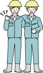 肩を組む仲良し作業員のシンプルイラスト