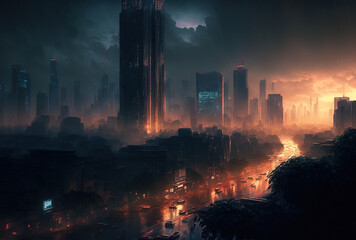 Obraz premium Nighttime cityscape of Bangkok's financial district in Thailand. Generative AI