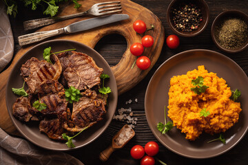 Grilled lamb cutlets served with mashed sweet potatoes.