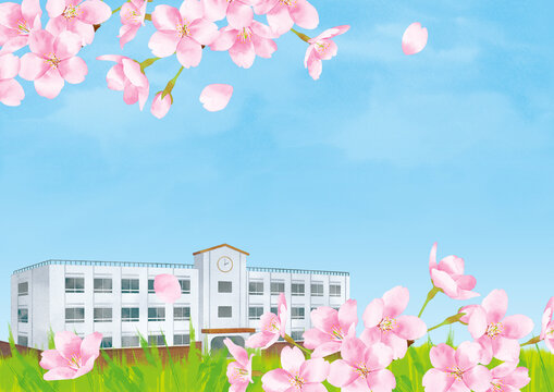 水彩風　青空と桜と校舎