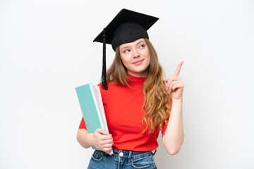 Young university graduate woman isolated on white background pointing up a great idea