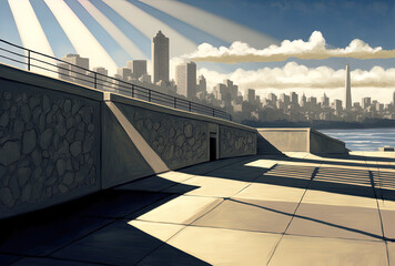 depiction of an empty concrete embankment against a magnificent midday skyline of San Francisco. Generative AI