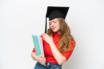 Young university graduate woman isolated on white background suffering from pain in shoulder for having made an effort
