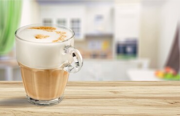 Sweet tasty hot coffee drink on kitchen