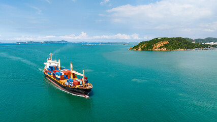 cargo logistics container ship sailing in green sea to import export goods and distributing...
