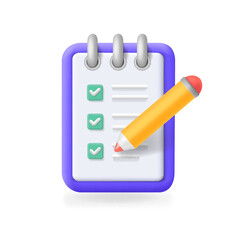 To do list icon with check mark . Document checklist cartoon. Notepad with pencil, efficient work on project plan . 3d vector isolated