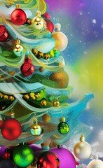 Christmas background with christmas tree and bright colorful balls