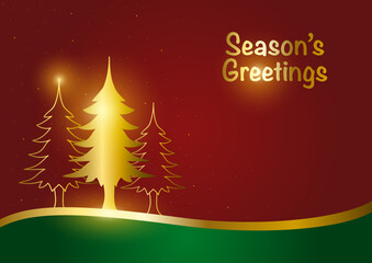 Christmas greeting card with golden pine trees ornament