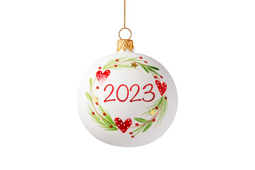 2023 Happy new year. Christmas tree decorated ball isolated on white background.