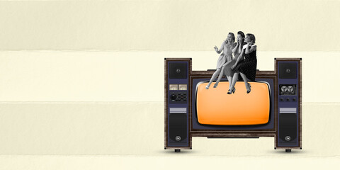 Contemporary art collage. Stylish young women sitting on vintage TV set and talking. Fashion show