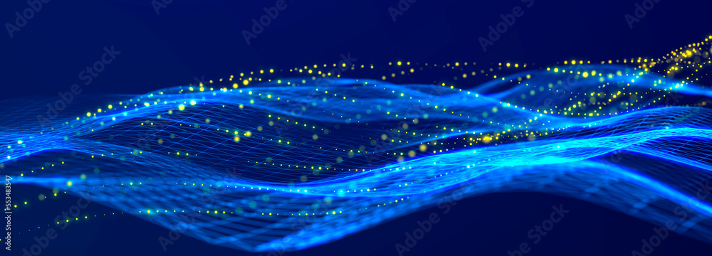 Leinwandbilder Futuristic dots pattern on dark background. Colored music wave. Big data. Technology or Science Banner. 3D rendering