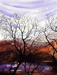 Hand drawn abstract simple winter watercolour and digital landscape: mountains and sky. Bare trees in the foreground. 