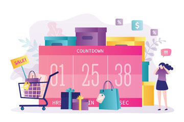 Last countdown, sale or discount ends. Shopaholic woman experiences stress when she fails to buy everything that was planned. Shopping process, sales days, shopaholism.